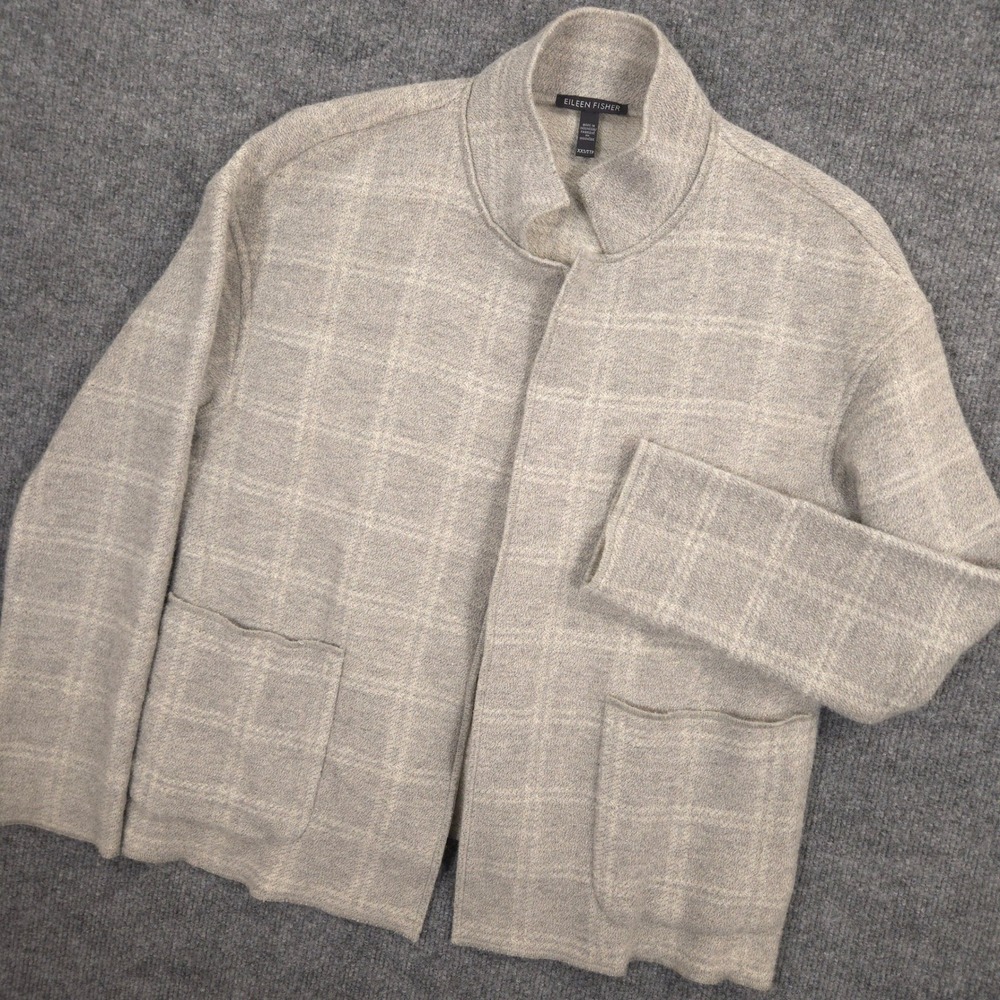 Eileen Fisher High Collar Coat Womens XXS Dark Pearl Gray Open Front Wool Blend